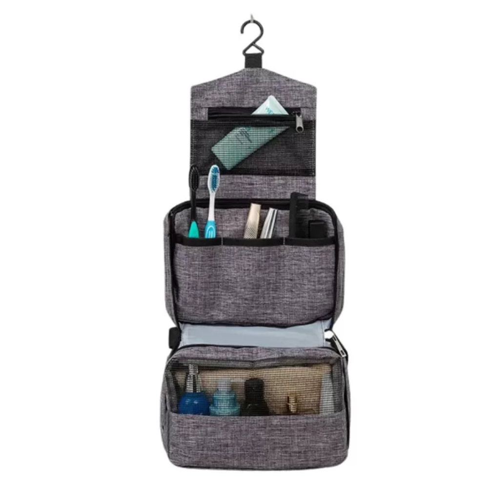 Organizador de cosméticos gris poliéster para viaje colgante abierto - Picky Club Guatemala