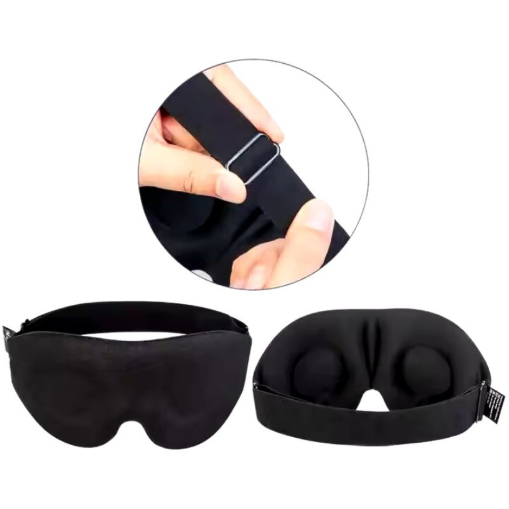 Detalle elastic ajustable y vista frontal antifaz 3D negro para dormir - Picky Club