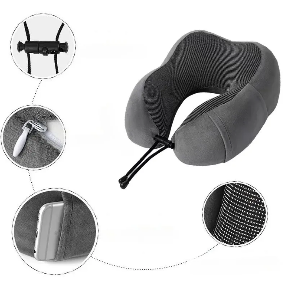 Almohada cervical de viaje ergonómica gris y negro con soporte para cuello - Picky Club Guatemala