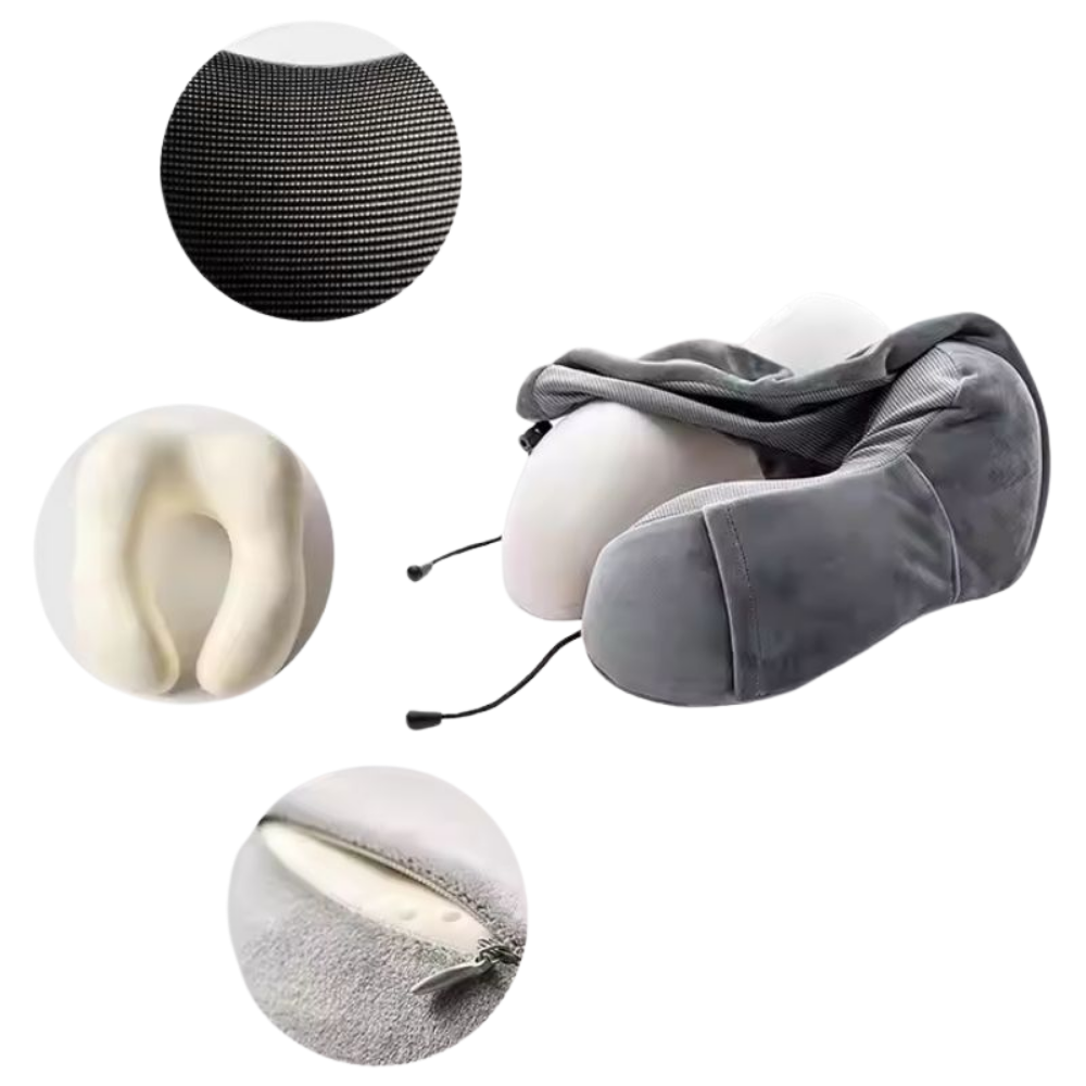 Detalles de materiales almohada cervical viaje, foam viscoelástica suave y tela gris texturizada - Picky Club