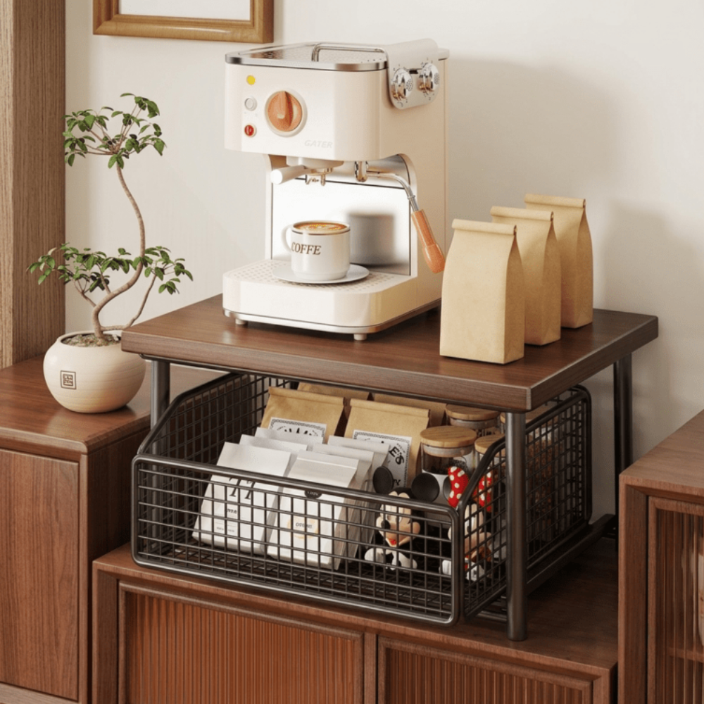 Estacion de Cafe - Mueble de Metal con base de Madera y gaveta