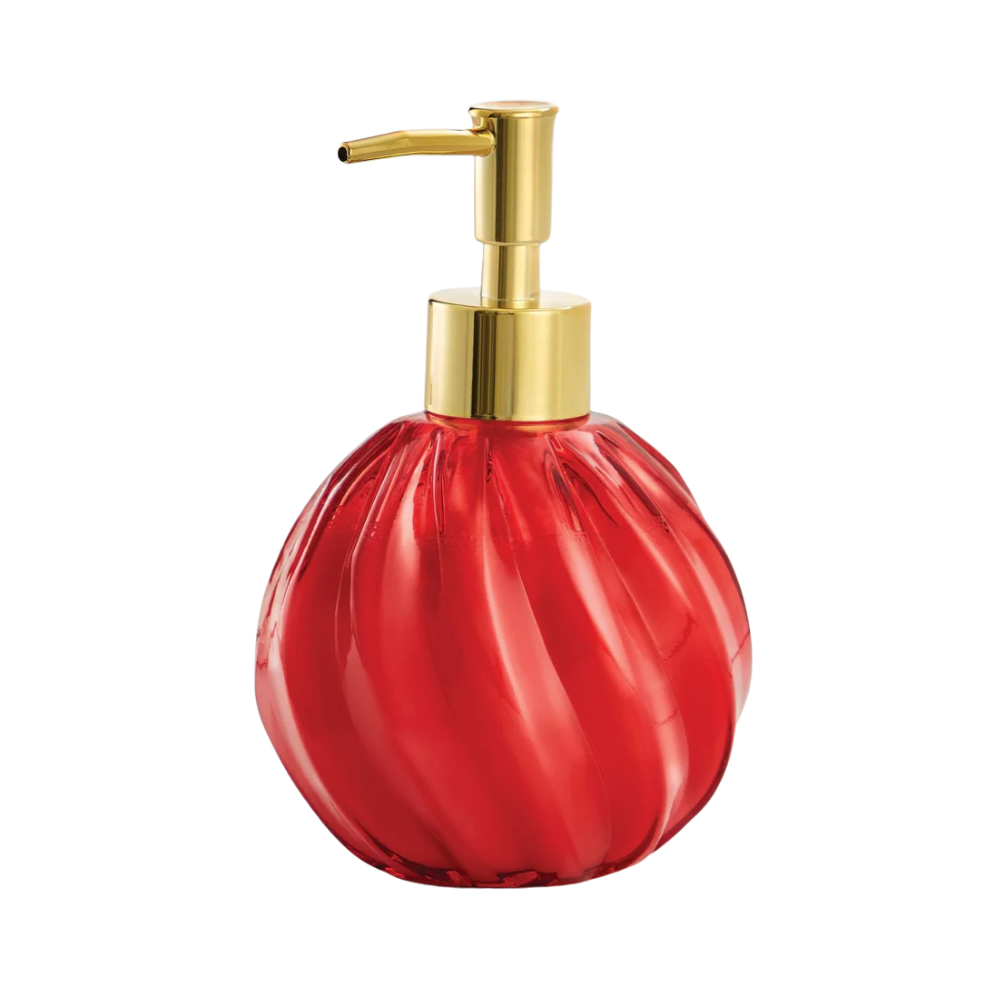 Jabonera esfera cristal rojo con dispensador dorado 300ml 10x15cm - Picky Club Guatemala