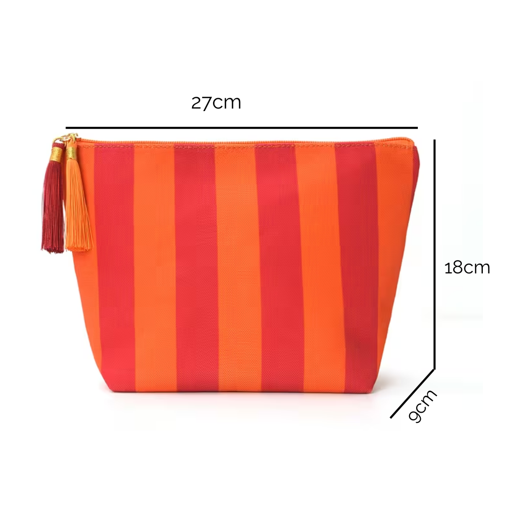 Cosmetiquera con franjas naranja y rojo dimensiones 27x18x9cm - Picky Club Guatemala