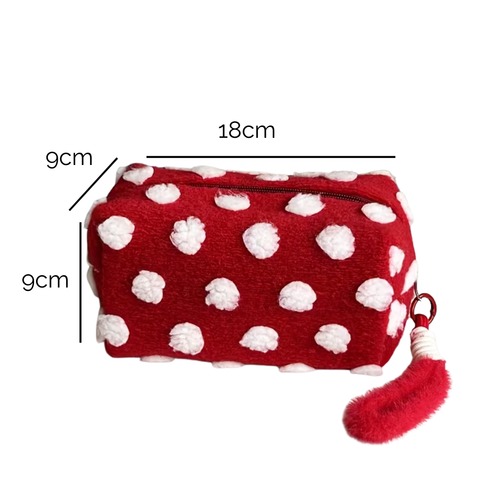 Cosmetiquera roja con bolitas blancas dimensiones 18x9x9cm - Picky Club Guatemala