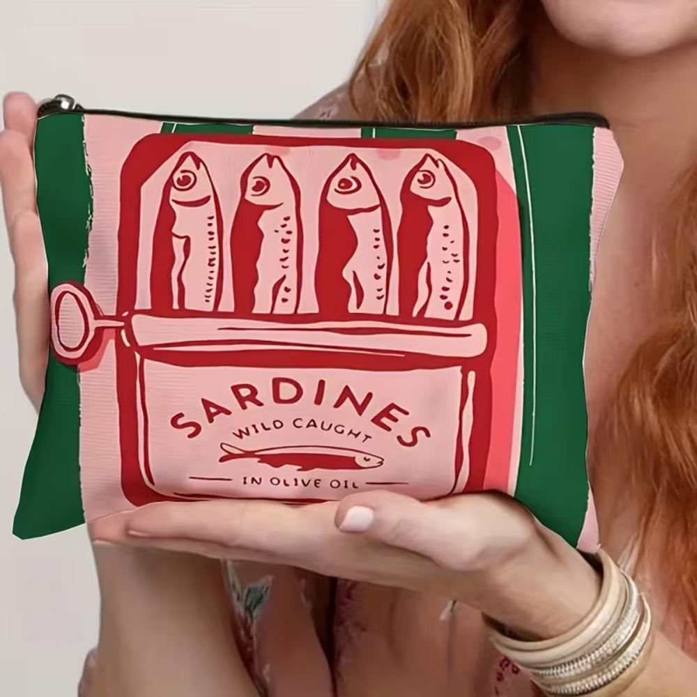 Cosmetiquera bolsa diseno sardinas verde oscuro con rojo - Picky Club Guatemala