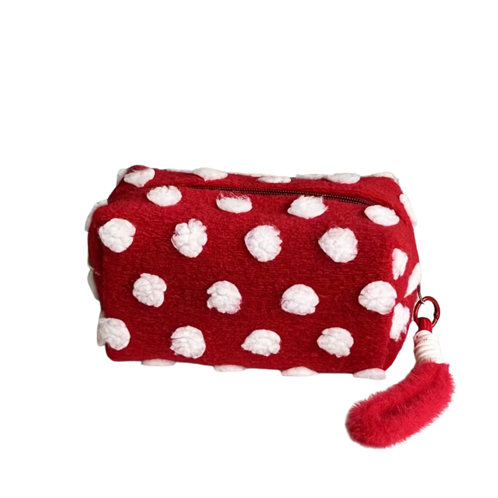 Cosmetiquera roja con bolitas blancas felpa 18x9x9cm - Picky Club Guatemala