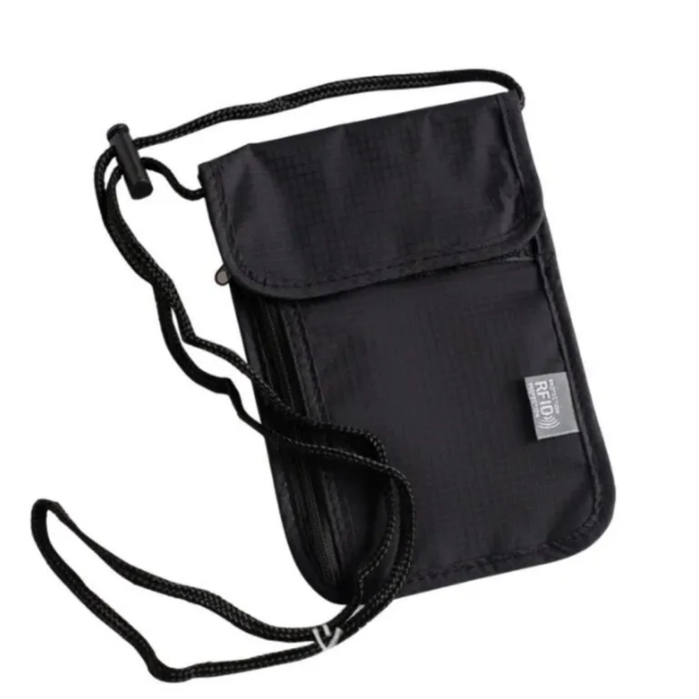 Bolsa porta pasaporte RFID impermeable negra con correa 19x14cm viaje - Picky Club Guatemala
