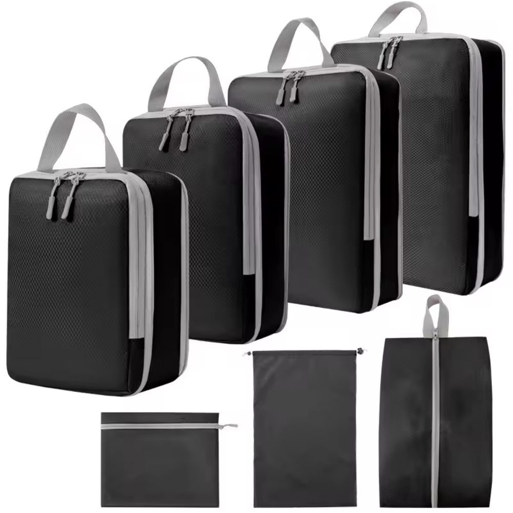 Kit 7 bolsas compresión viaje negro organizador maleta ropa zapatos - Picky Club Guatemala