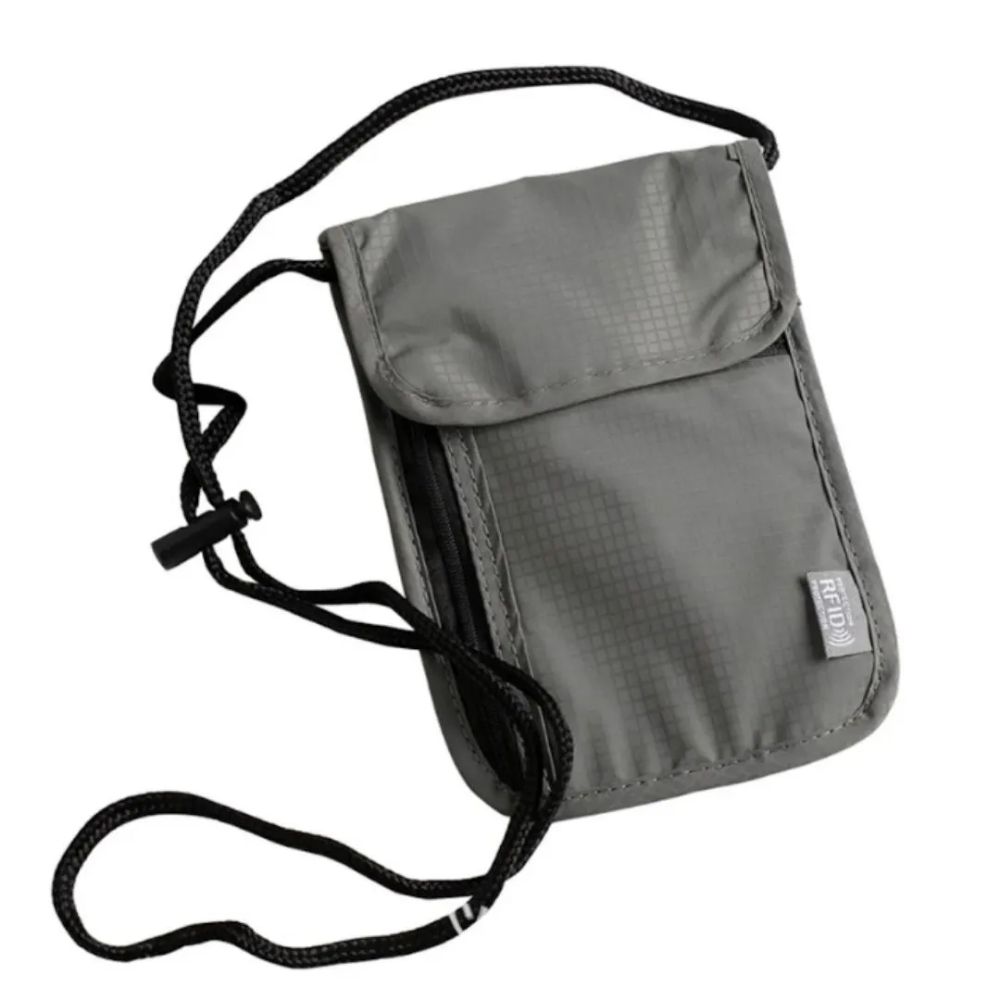 Bolsa porta pasaporte gris con correa negra protección RFID impermeable para viaje - Picky Club Guatemala
