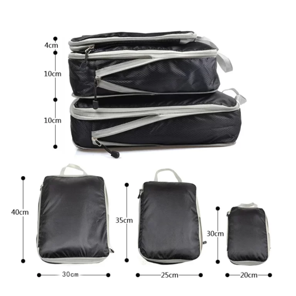 Kit 3 bolsas compresión viaje negras apiladas y separadas con dimensiones 40x30x10cm 35x25x10cm 30x20x4cm - Picky Club Guatemala