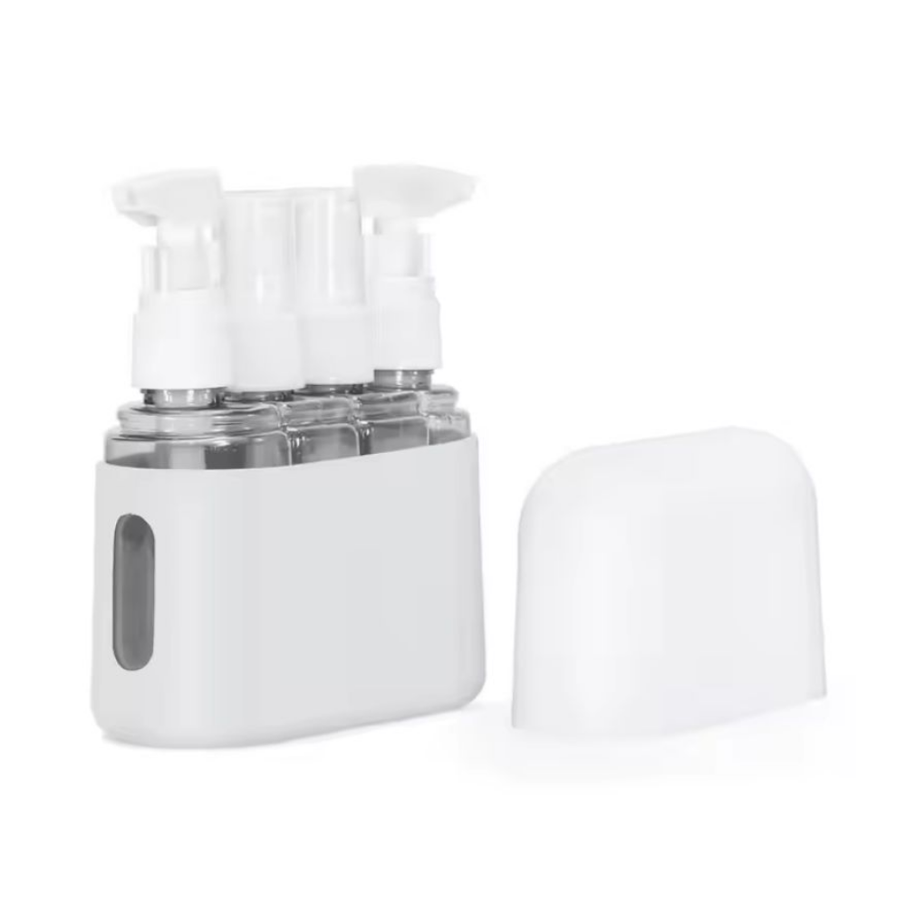 Viaje - Kit de 4 Botes Dispensadores para Shampoo y Cremas – Compacto y Portátil