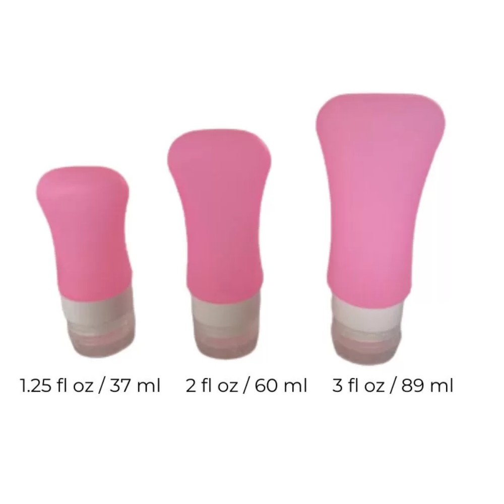 Set 3 contenedores silicón rosa capacidades 37ml 60ml 89ml para viaje - Picky Club Guatemala