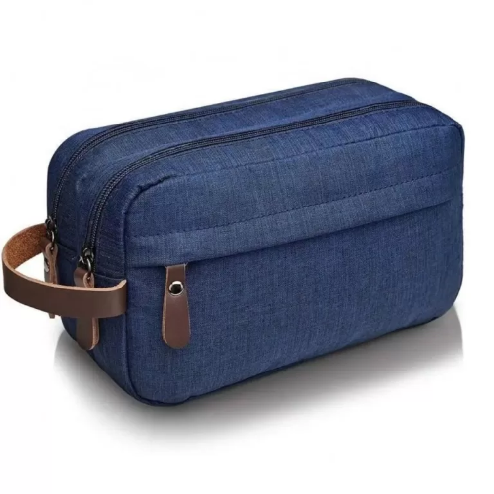 Cosmetiquera 067 azul marino poliéster impermeable con asa de cuero para viaje 25x9x15cm - Picky Club Guatemala