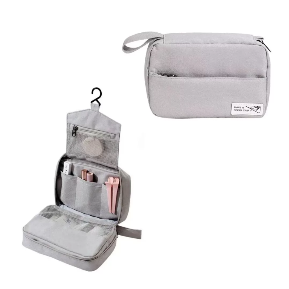 Cosmetiquera Tokio Triple gris abierta con compartimentos y cerrada colgante viaje - Picky Club Guatemala