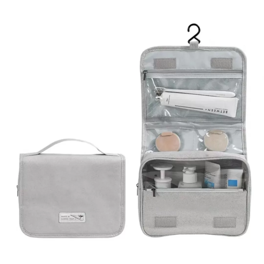 Cosmetiquera Tokio Visible gris organizador cosméticos viaje 24x10x18cm abierta con productos - Picky Club Guatemala