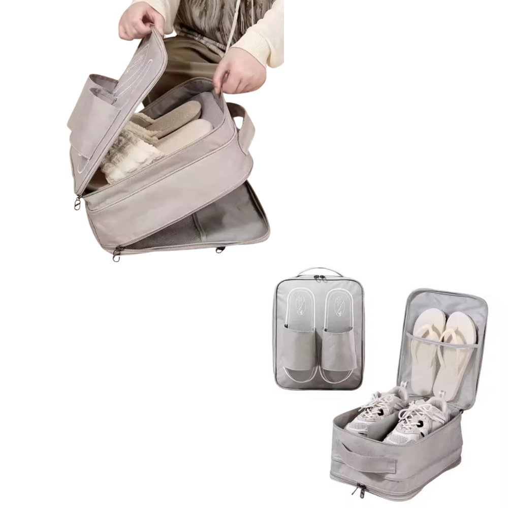 Interior organizador de zapatos gris abierto con zapatillas y sandalias - Picky Club