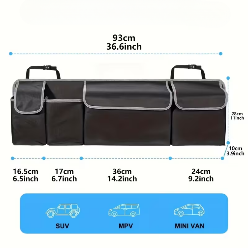 Organizador baúl colgante dimensiones 93x28x10cm con 4 bolsillos compatible SUV MPV Mini Van - Picky Club Guatemala
