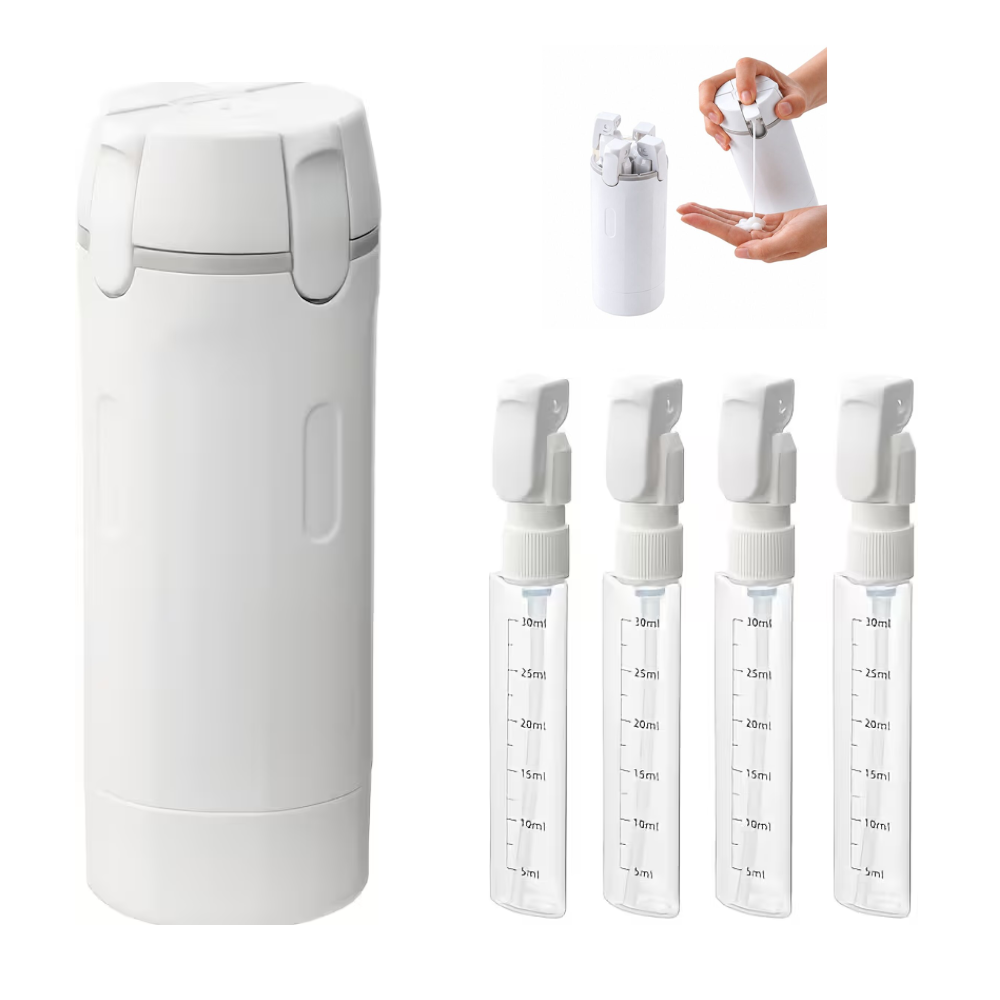 VIAJE - KIT DISPENSADOR DE 4 BOTES REDONDO BLANCO PARA VIAJE