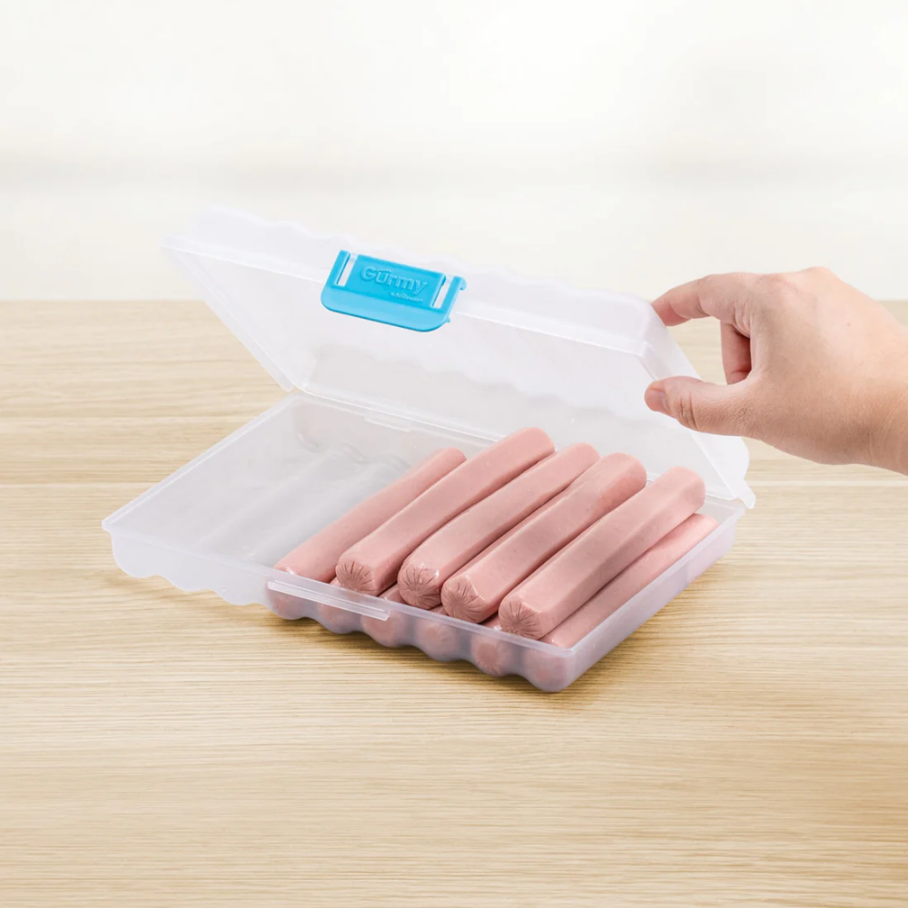 Contenedor organizador de salchichas Lockit Max transparente con tapa azul para refrigerador - Picky Club Guatemala