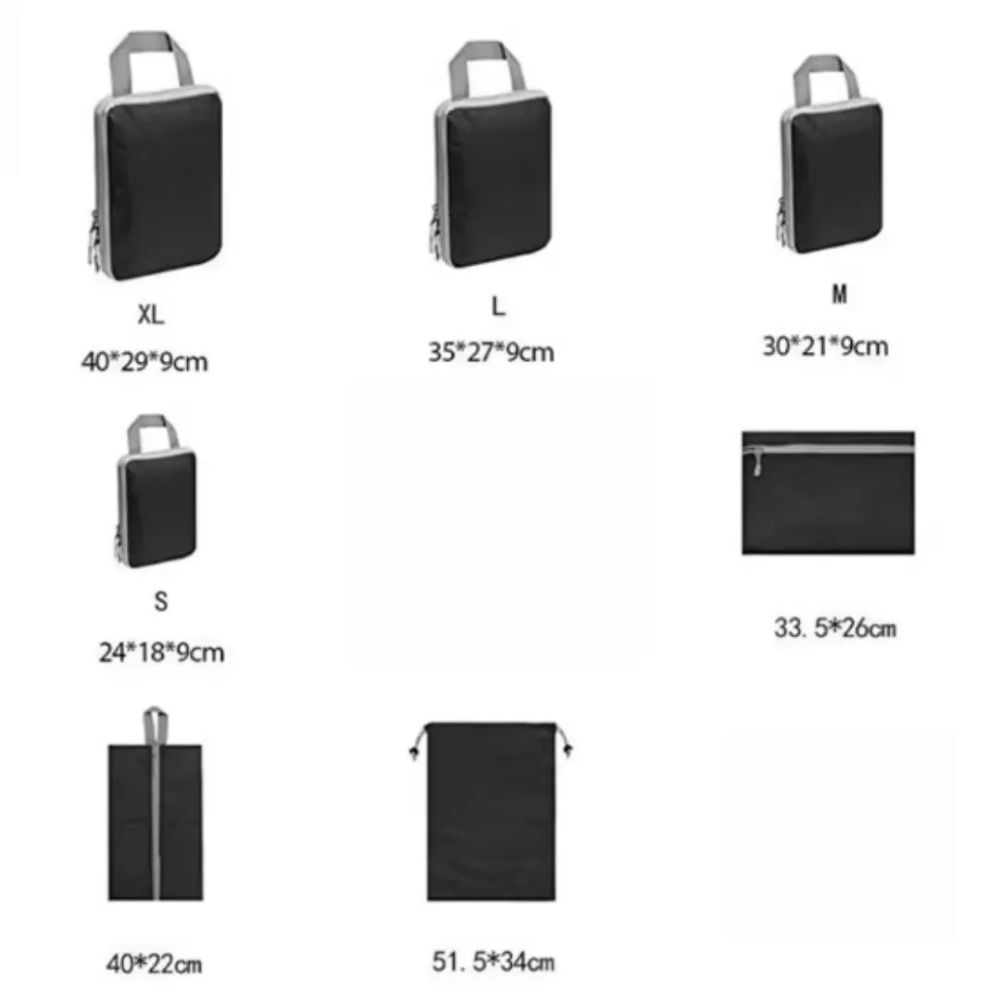 Kit 7 bolsas compresión viaje negras tamaños XL L M S ropa íntima zapatos correa dimensiones detalladas - Picky Club Guatemala