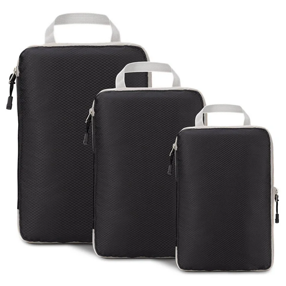 Kit 3 bolsas compresión viaje negro 30x40 25x35 20x30cm organizador maleta - Picky Club
