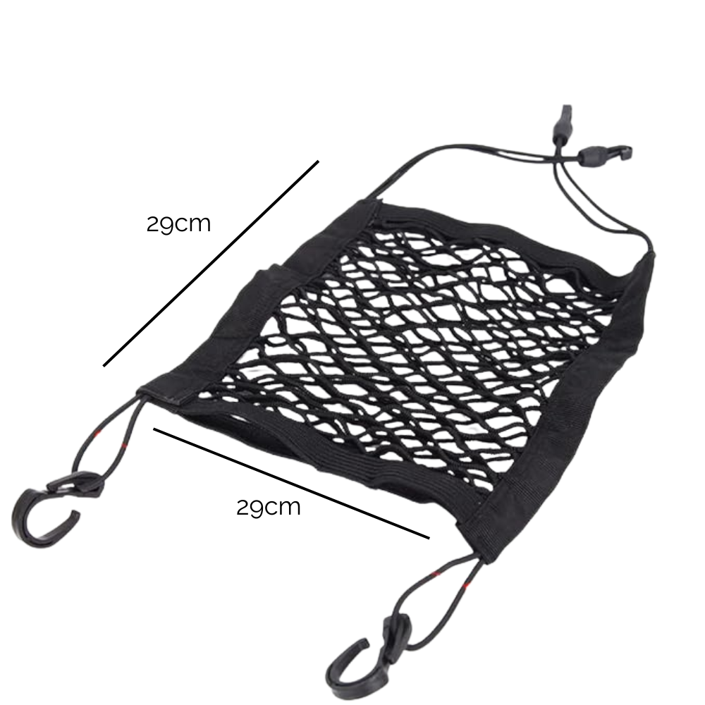 Organizador malla pequeño carro dimensiones 29x29cm red elástica negra con 4 ganchos - Picky Club Guatemala
