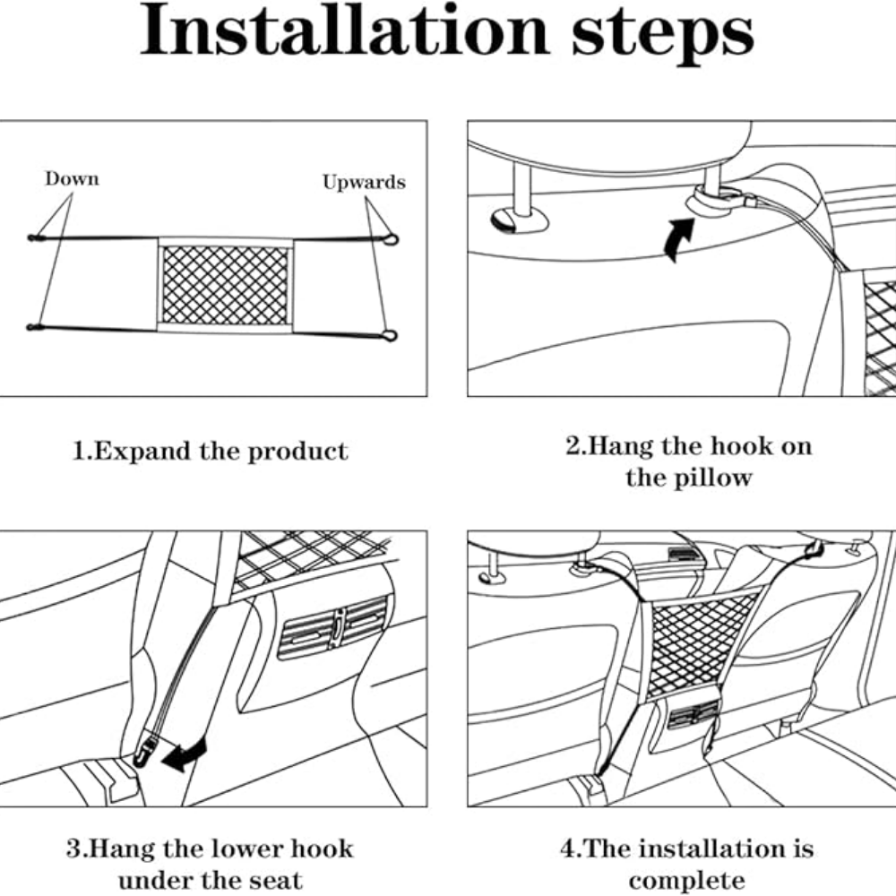 Instrucciones instalación organizador malla carro 4 pasos expandir colgar ganchos en reposacabezas y asiento - Picky Club Guatemala