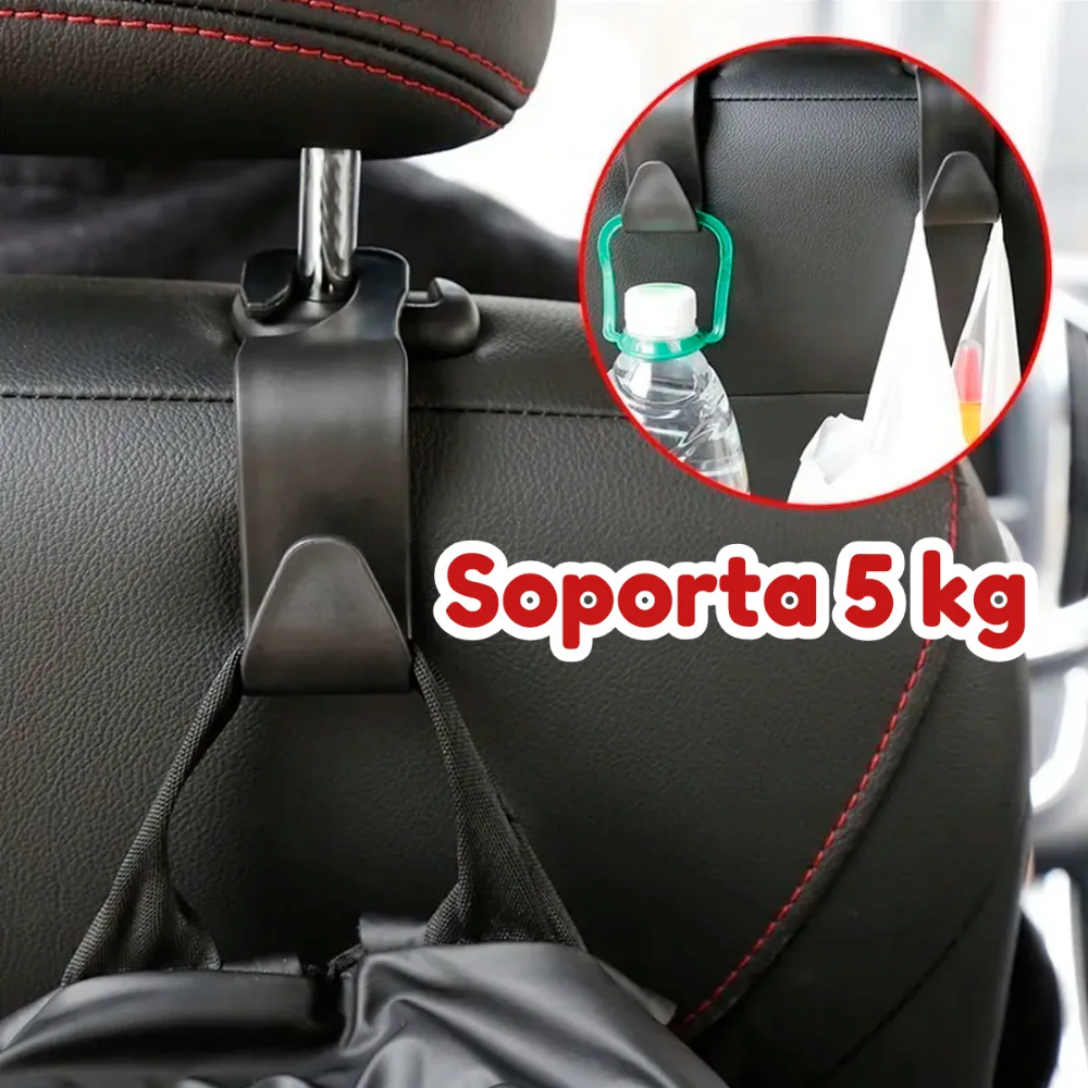 Gancho para reposacabezas carro en uso colgando bolsa y botella soporta 5kg resistencia - Picky Club Guatemala