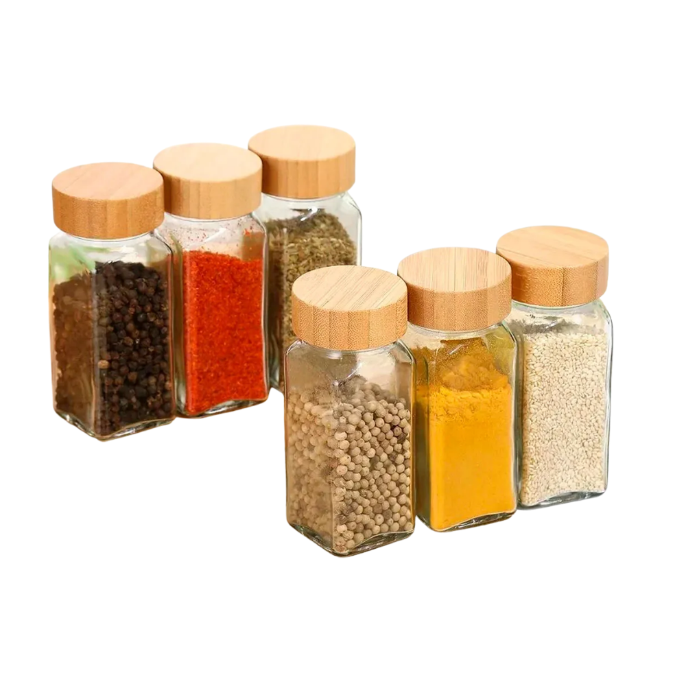 Cocina - Set de 12  Especieros de Vidrio con Tapa de Bambù sin personalizar