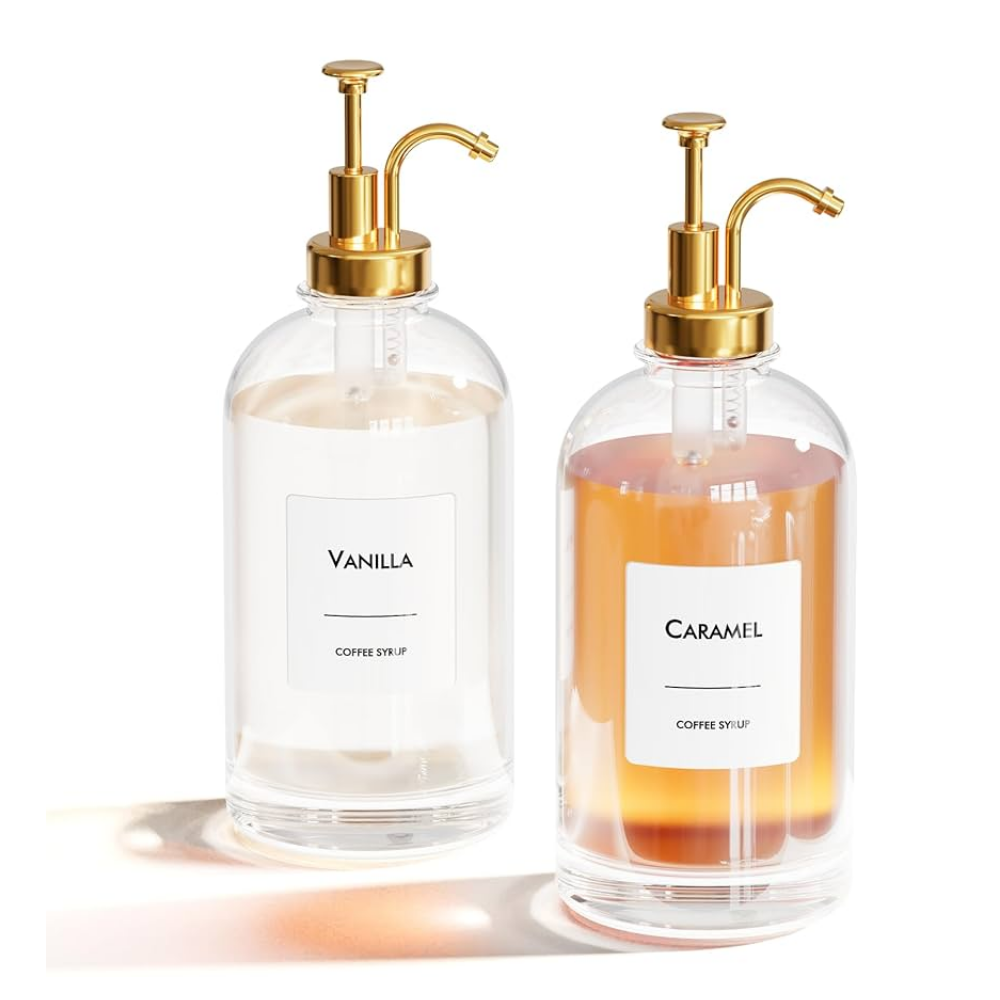 Cocina - Botella de jarabe de Vidrio Dorado – Dispensador Reutilizable y Elegante