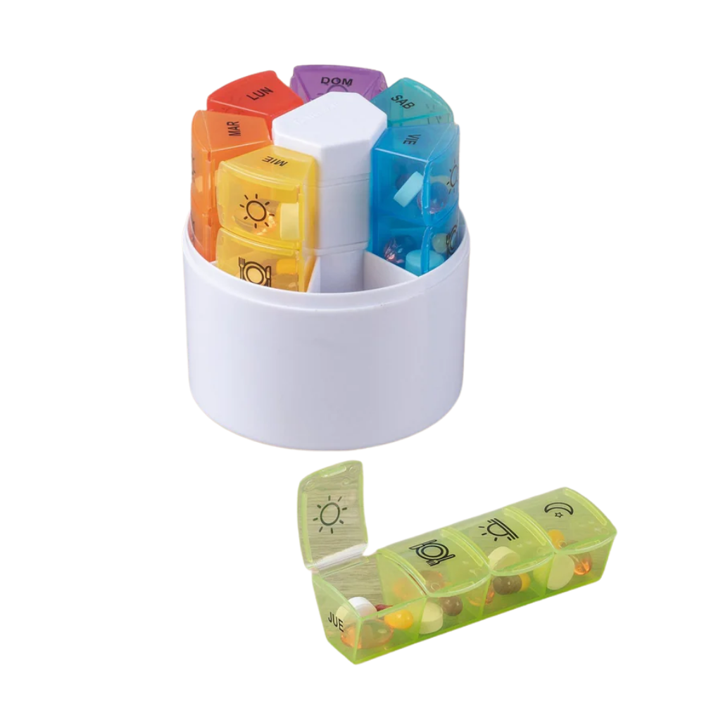 Pastillero y cortador de pastillas, para toda la semana con compartimientos de dia , tarde y noche. almacena, corta y Guarda tus pastillas 