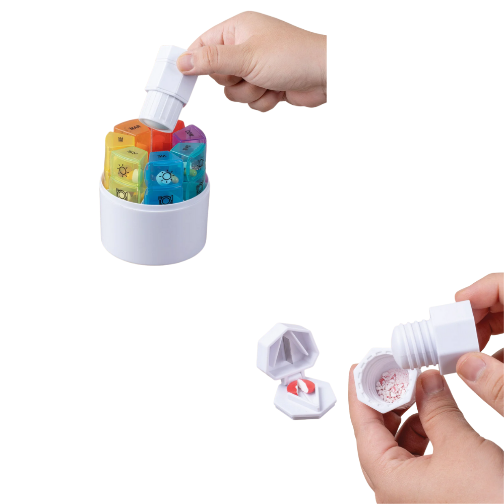 Pastillero y cortador de pastillas, para toda la semana con compartimientos de dia , tarde y noche. almacena, corta y Guarda tus pastillas 