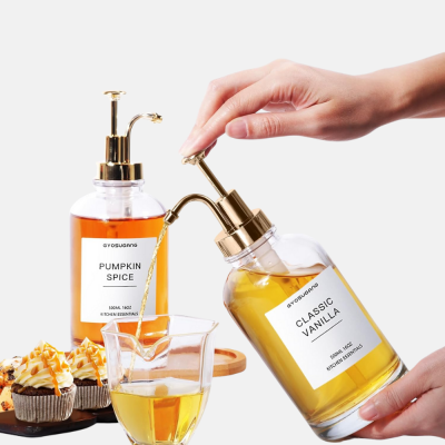 Botella de jarabe de Vidrio Dorado – Dispensador Reutilizable y Elegante